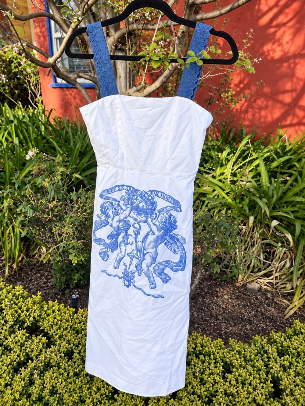 Serpenti White Blue Cherub Print Lace Strap Midi Dress